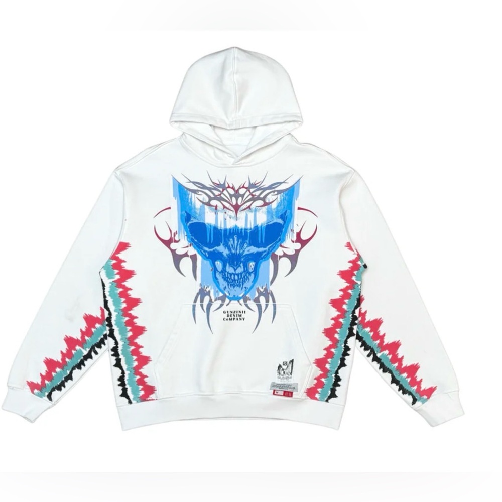 Gunzinii Denim & Co Skull Graphic Hoodie Size Small – White Streetwear Pullover